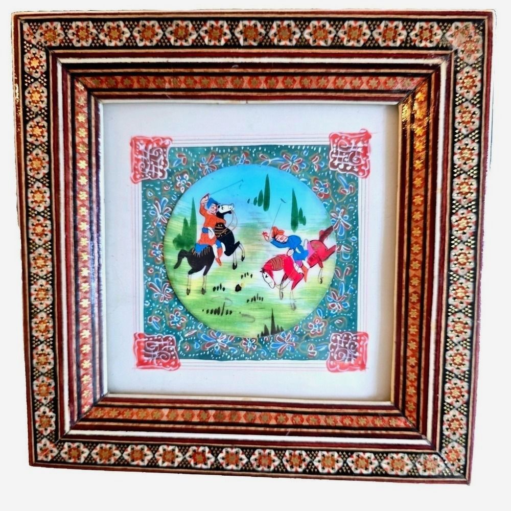 Vintage 1970s Persian Miniature Polo Painting Khatam Inlaid Frame Iran Art 7x7